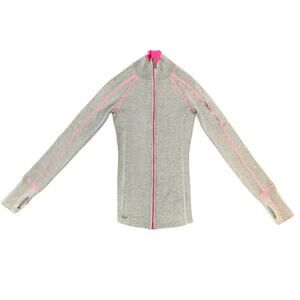 Athleta Womens Athleisure Ribbed Knit Sweater High Neck Zip Up Open Front Grey S